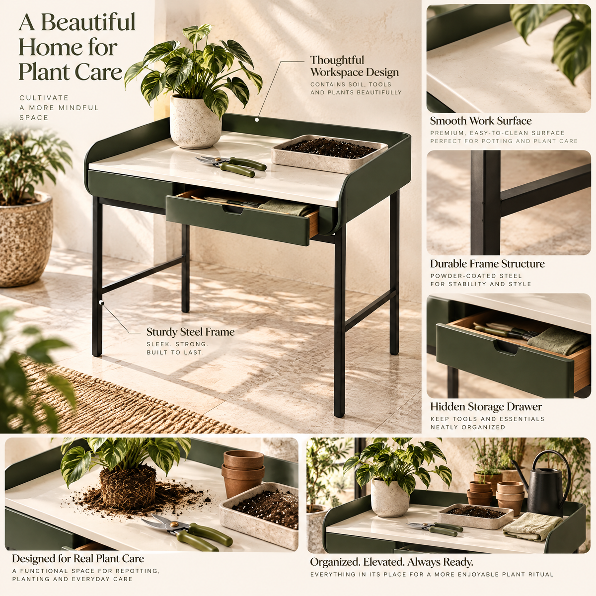 Details of the Orvenlith™ potting bench work surface and drawer
